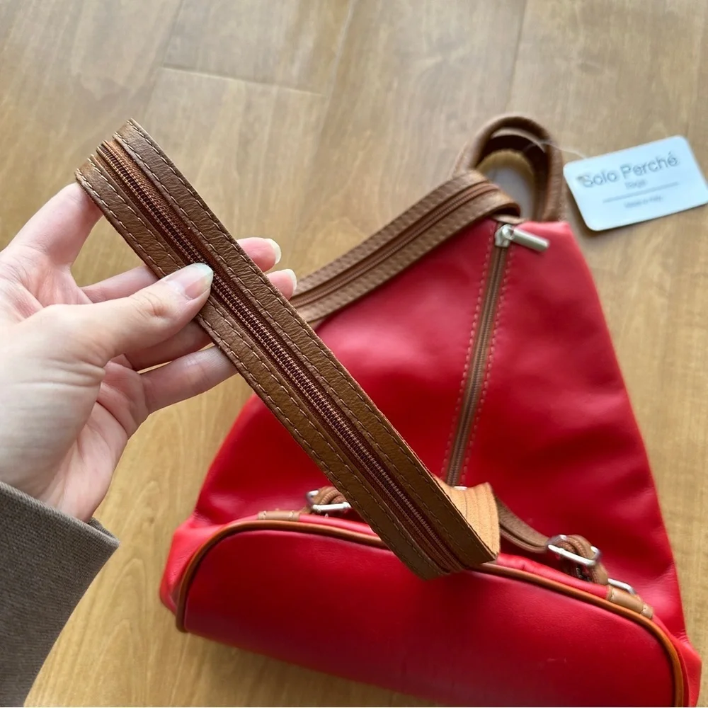 Vera Pelle Genuine Soft Italian Leather Backpack/Rucksack Shoulder Bag, Red/Tan